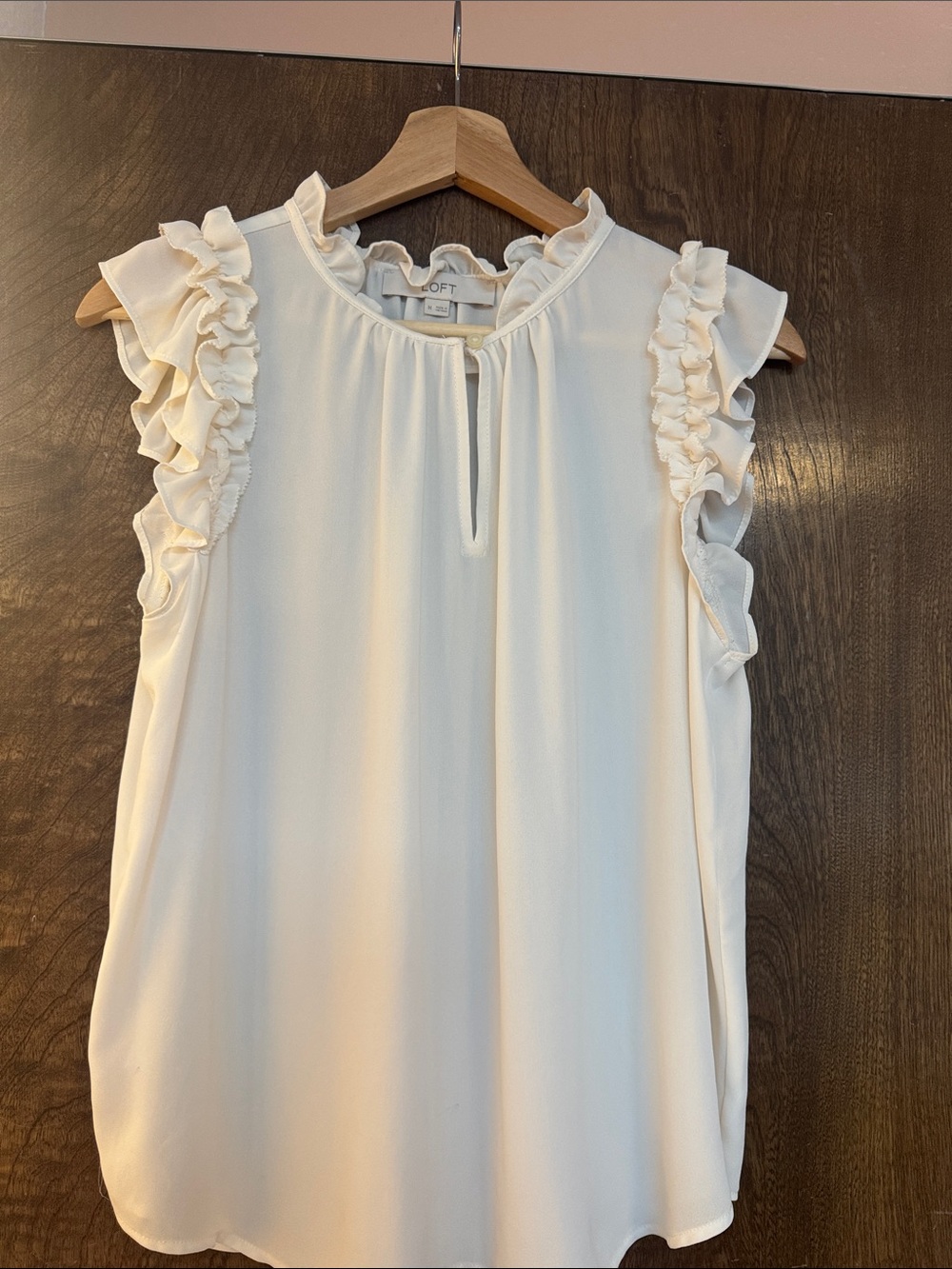 LOFT Cream Ruffle Sleeve Keyhole Blouse